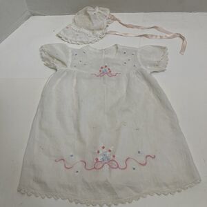 Vintage Embroidered Linen Infant Outfit Dress Night Gown  With Bonnet Doll Dress